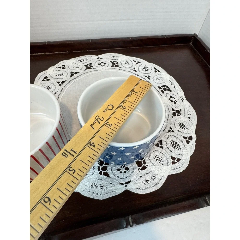 Stoneware Patriotic Stars and‎ Stripes Ramekin Set Red White Blue Bowls 2pc